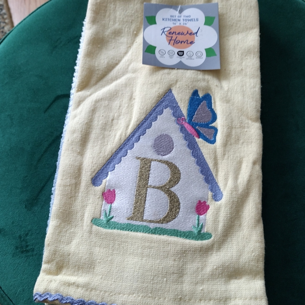 Set of 2 Yellow/ Blue Stripe Renewed Home monogram B Cotton Kitchen Towels
